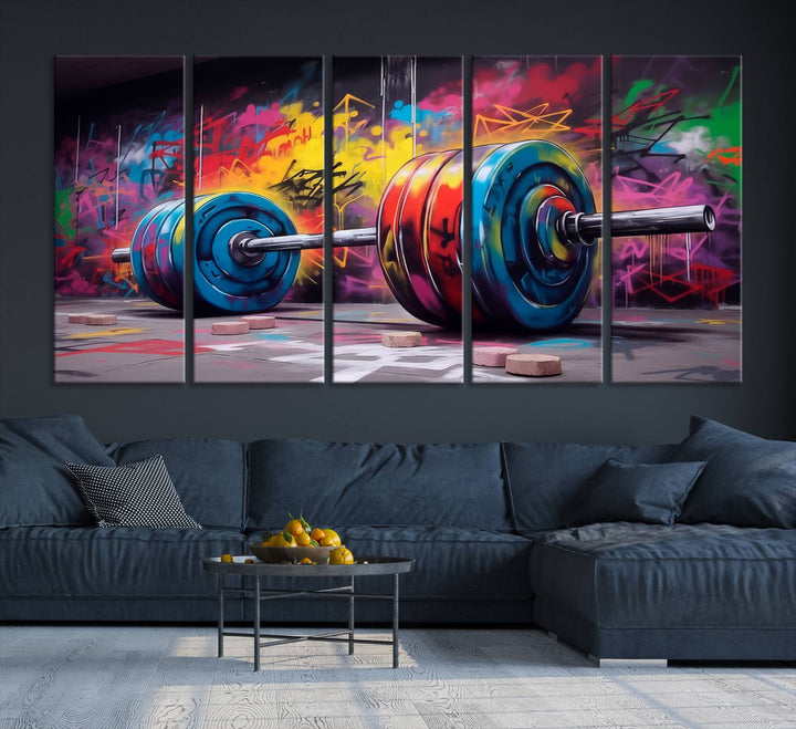 The Abstract Graffiti Barbell Canvas Wall Art is displayed on a porch.