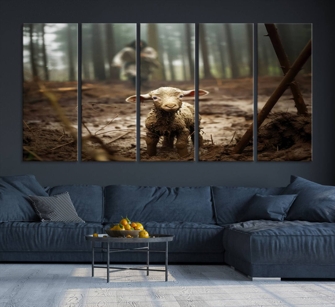 The Jesus Lost Lamb Canvas Wall Art features a heartwarming woodland scene, beautifully capturing the essence of serenity and grace.