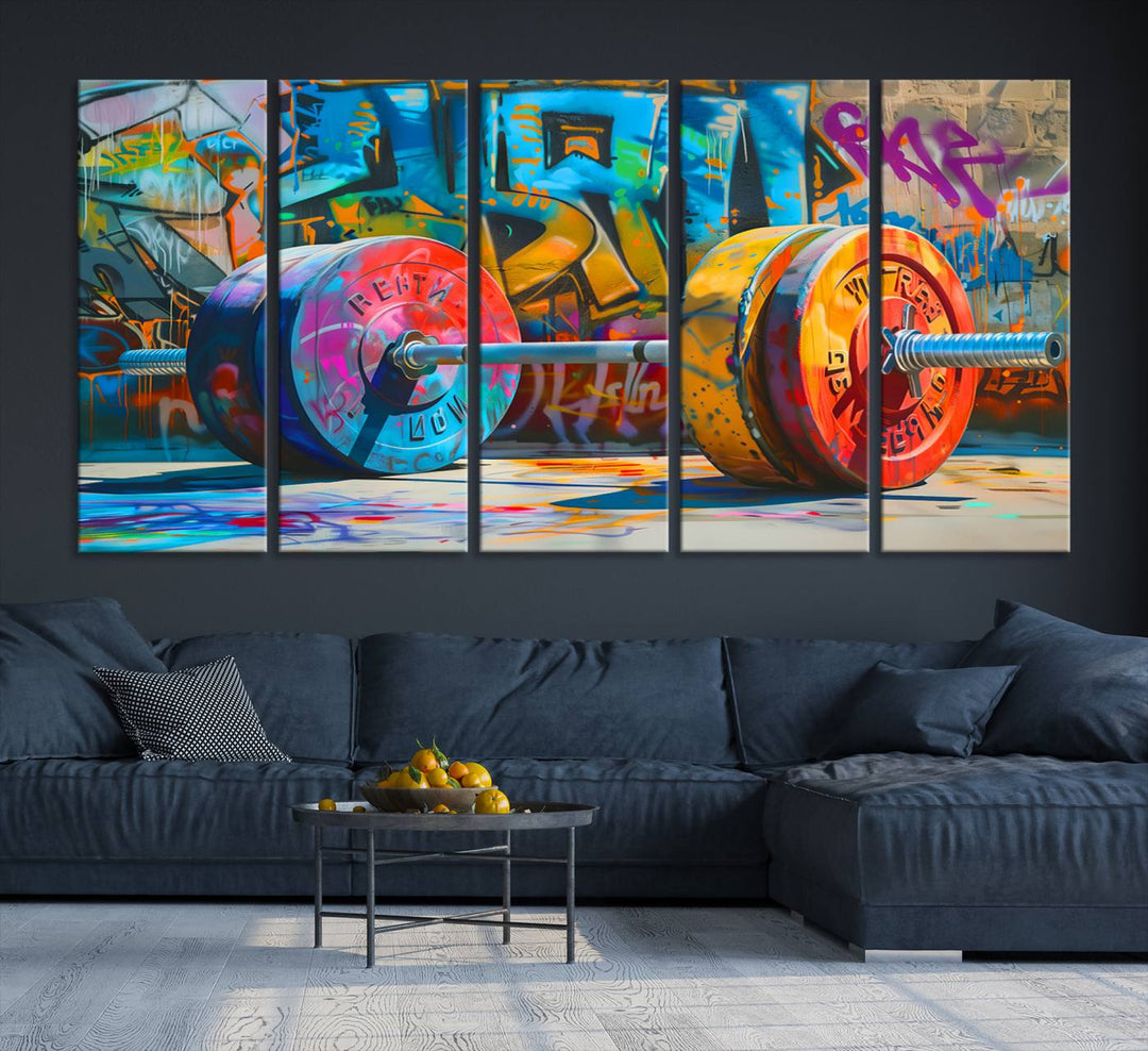 A Fitness Gym Barbell Graffiti Wall Art Canvas Print is displayed.