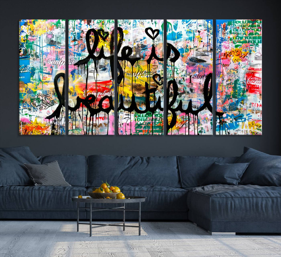 The Life Beautiful graffiti style canvas print is showcased in black script.