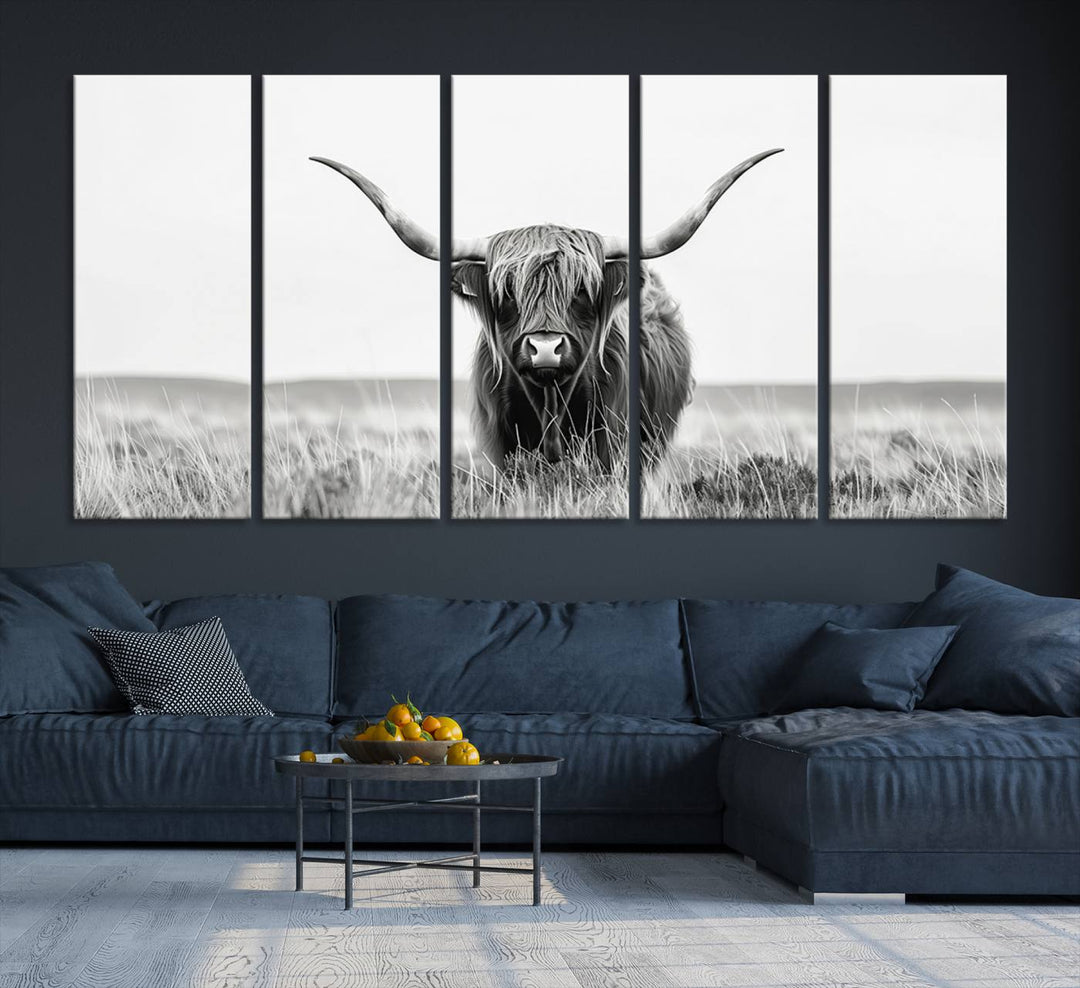 The Majestic Beauty canvas of a Highland cow adds elegance to the white walls as it hangs prominently.