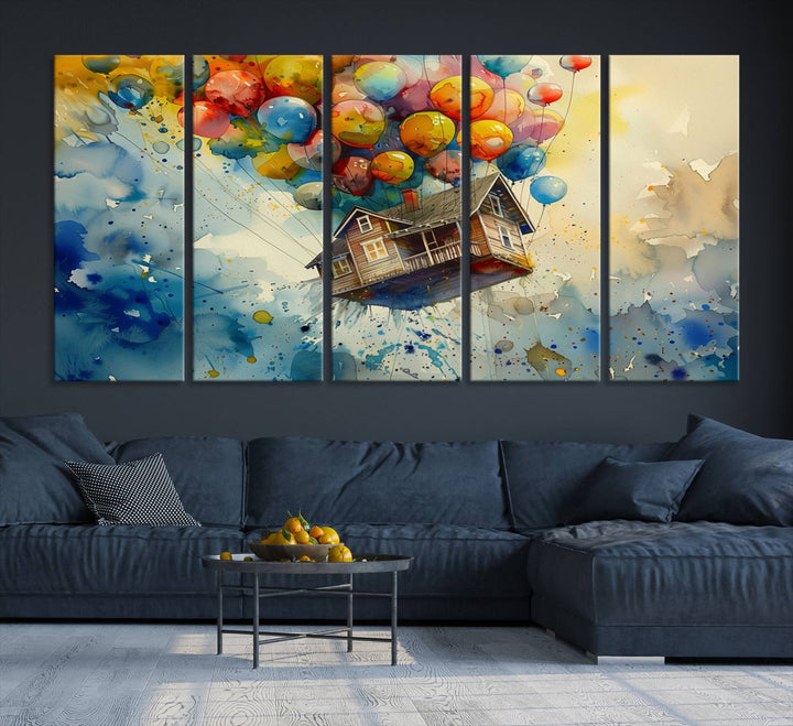 UP-Inspired Floating House with Balloons Triptych Canvas Art – Colorful 3-Panel Wall Decor for Living Room, Office, or Nursery