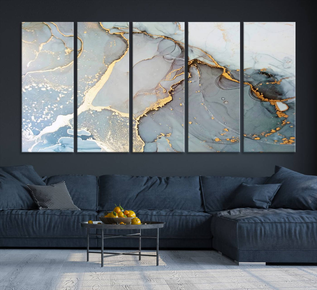 A blue and gold marbled Large Abstract Marble Wall Art Canvas Print hangs overhead.