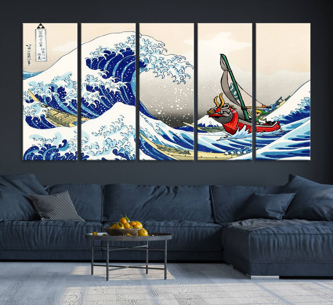 The Katsushika Hokusai Kanagawa Giant Wave Canvas print captures a vibrant sailing scene.