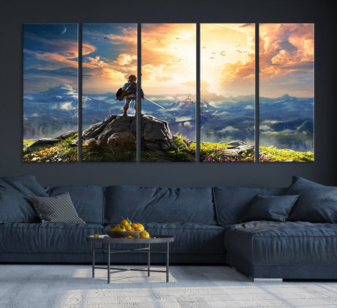 A vibrant Legend of Zelda Breath of the Wild canvas print depicts a figure standing on a rock with mountains and sky in the background.