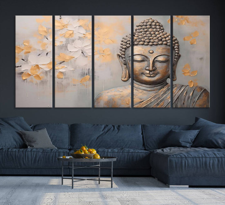 The serene dining room features Abstract Buddha Statue Wall Art.