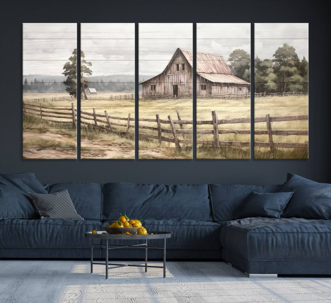 The wall is adorned with a Rustic Farmhouse Barn Wall Art.