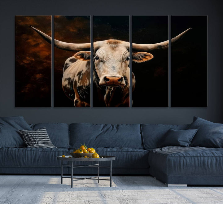 A large 3-panel Texas Longhorn canvas print dominates the space.