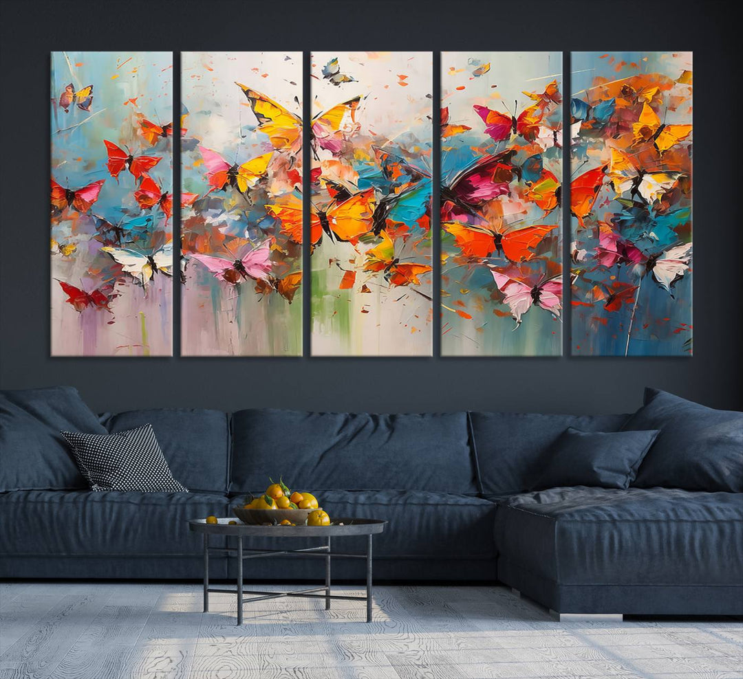 The Abstract Butterfly Wall Art Canvas Print hangs prominently, adding a touch of elegance and creativity to the room.