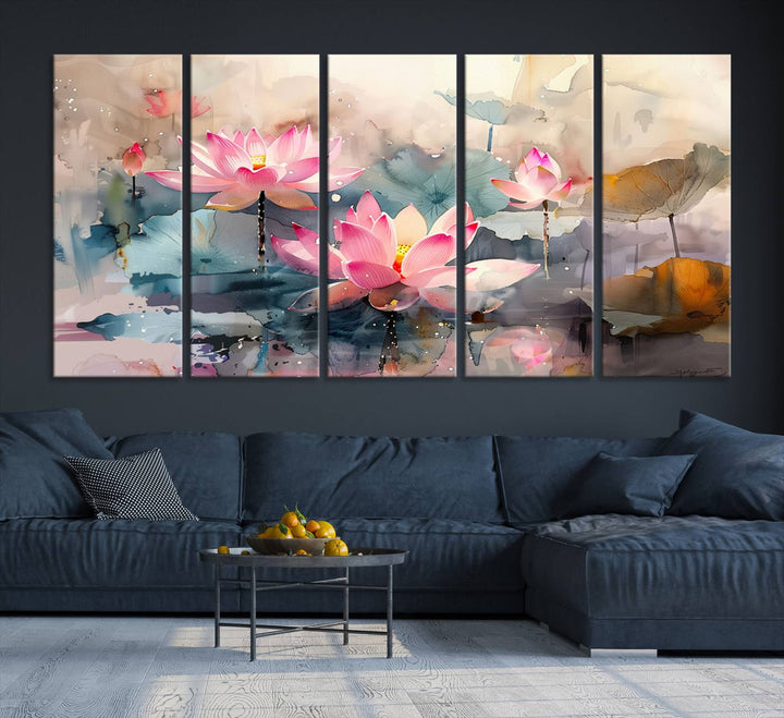 A pink lotus wall art adorns the space.