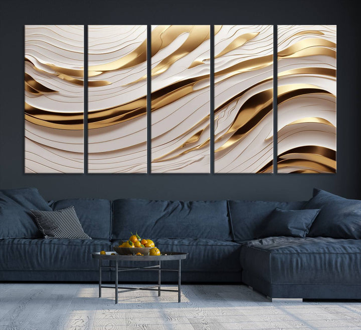 A Gold and White Abstract Wave Canvas with luxurious golden accents.