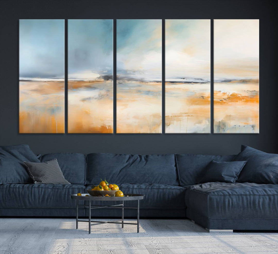 Abstract Landscape Wall Art in warm tones of orange and blue.