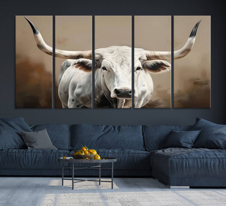 The kitchen features a striking canvas print of a Longhorn Bull.