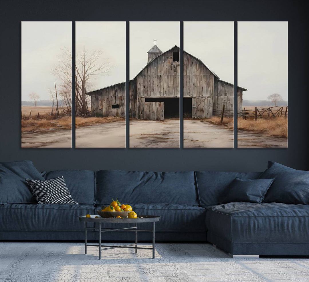 The Farmhouse Rustic Barn Wall Art Canvas Print, framed and ready to hang, enhances the farmhouse décor.