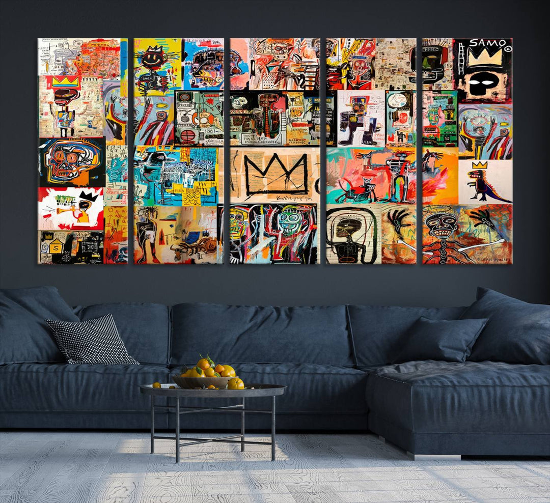 A Basquiat graffiti-style collage adorns the wall.