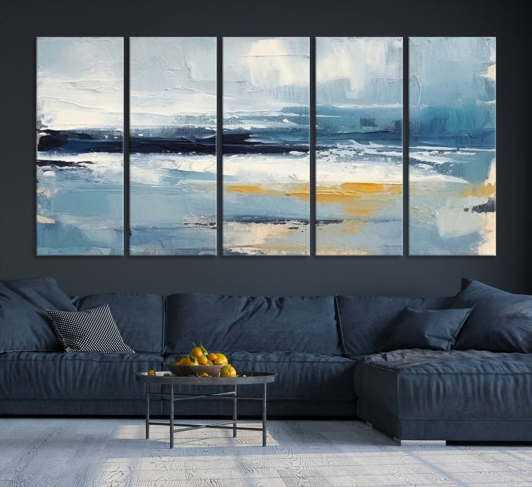 The Abstract Ocean Canvas Wall Art in coastal blue and gold enhances the modern kitchen.