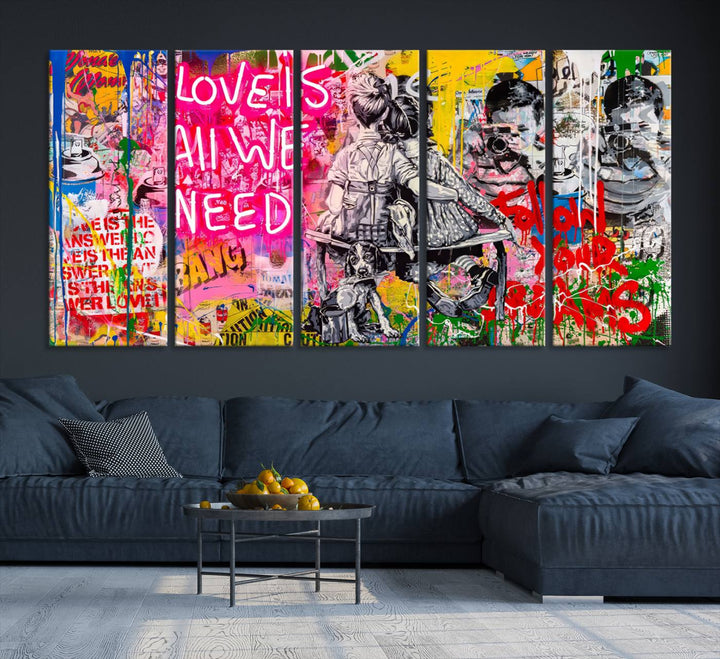 A vibrant and dynamic triptych features distorted horizontal lines, resembling graffiti street art. This artwork conveys the themes of "Follow Your Dreams" and "Love is All We Need" across three colorful panels.