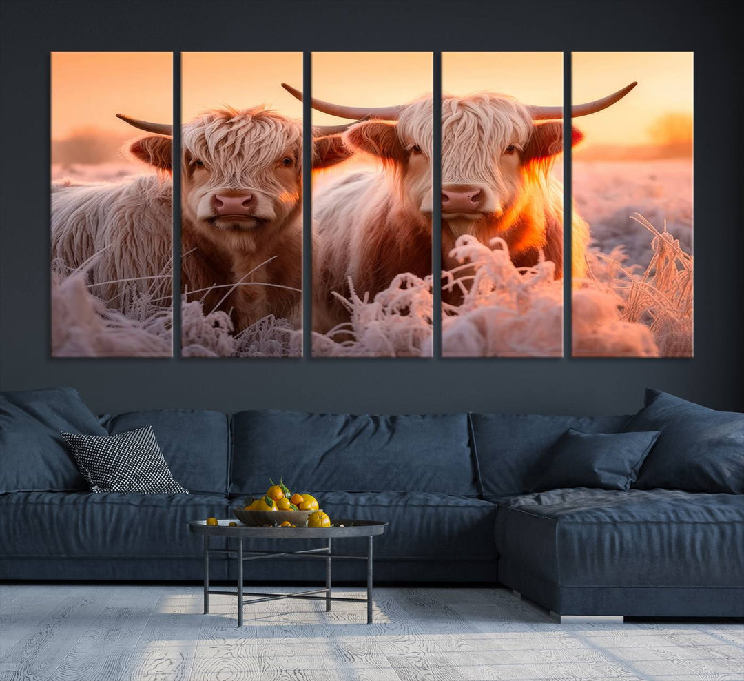 Highland Cows at Sunrise Wall Art adds serene rustic farmhouse charm.