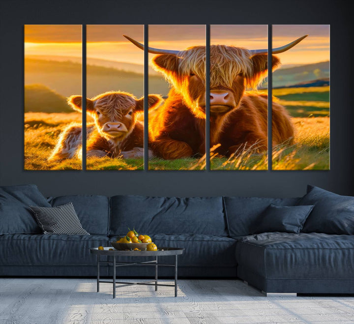 The Scottish Cow and Baby Cow Canvas Wall Art captures sunset fields.