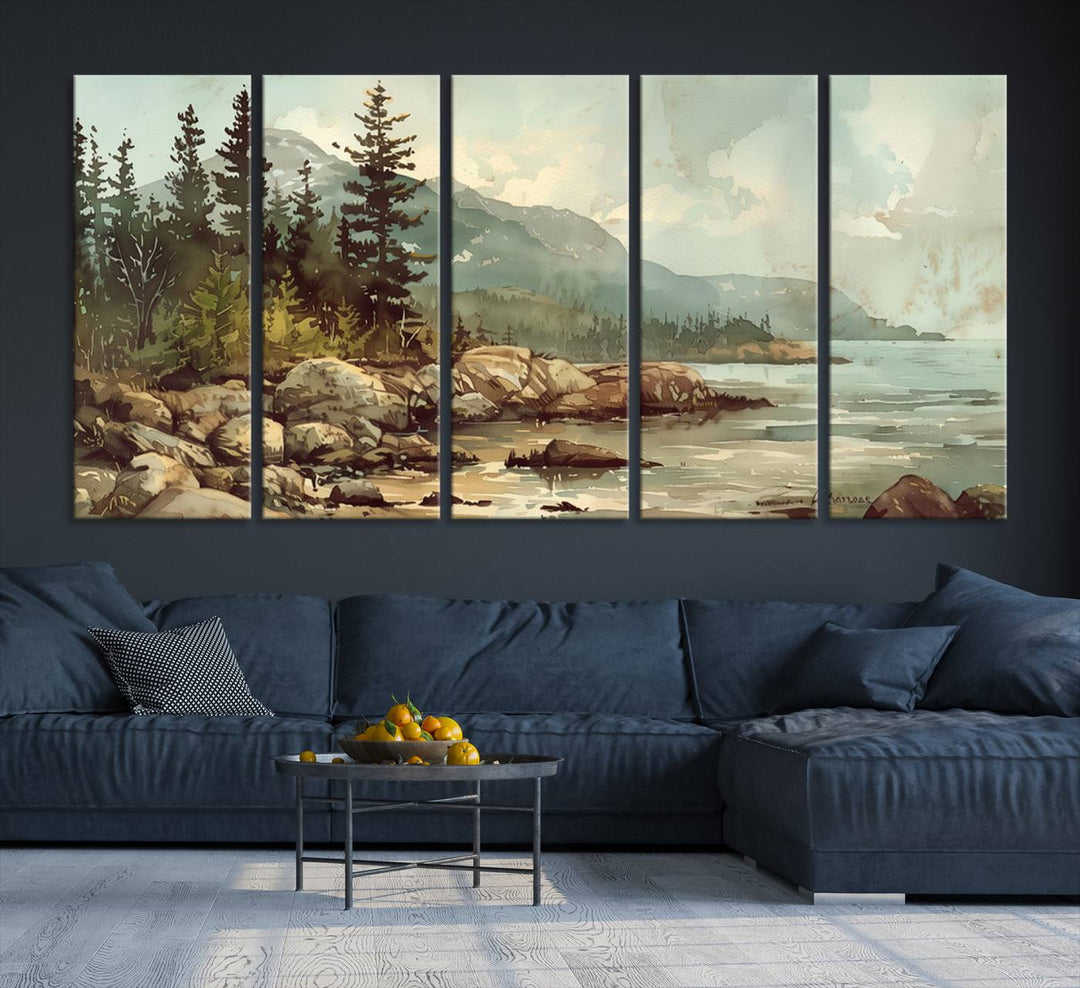 Framed Abstract Acadia National Park wall art, depicting a rocky coastline with trees and mountains, ready to hang.