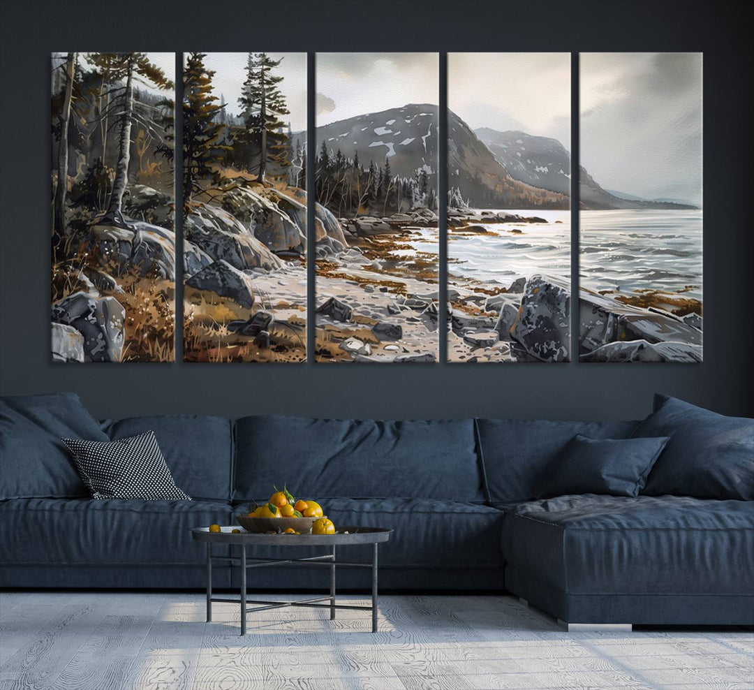 Framed wall art depicting Acadia National Parks rocky coast, trees, mountains, and sunlight over the sea; ready to hang.