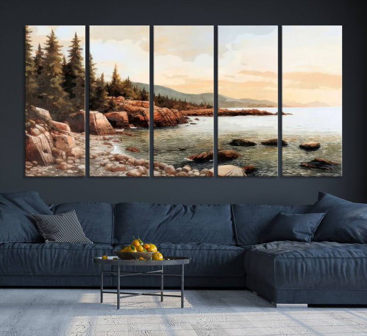 The Serene Coastal View of Acadia National Park 3-panel canvas, framed and ready to hang, adorns the wall.