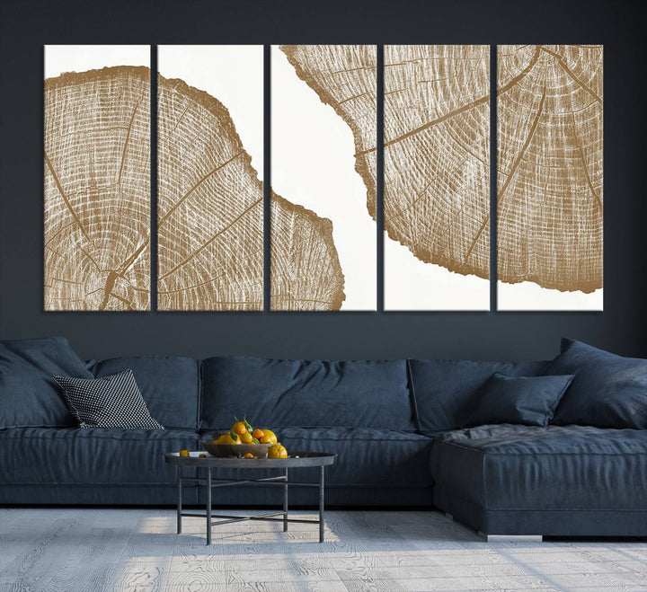 The rustic wall art features two large tree rings, beautifully framed and displayed to create a nature-inspired décor.