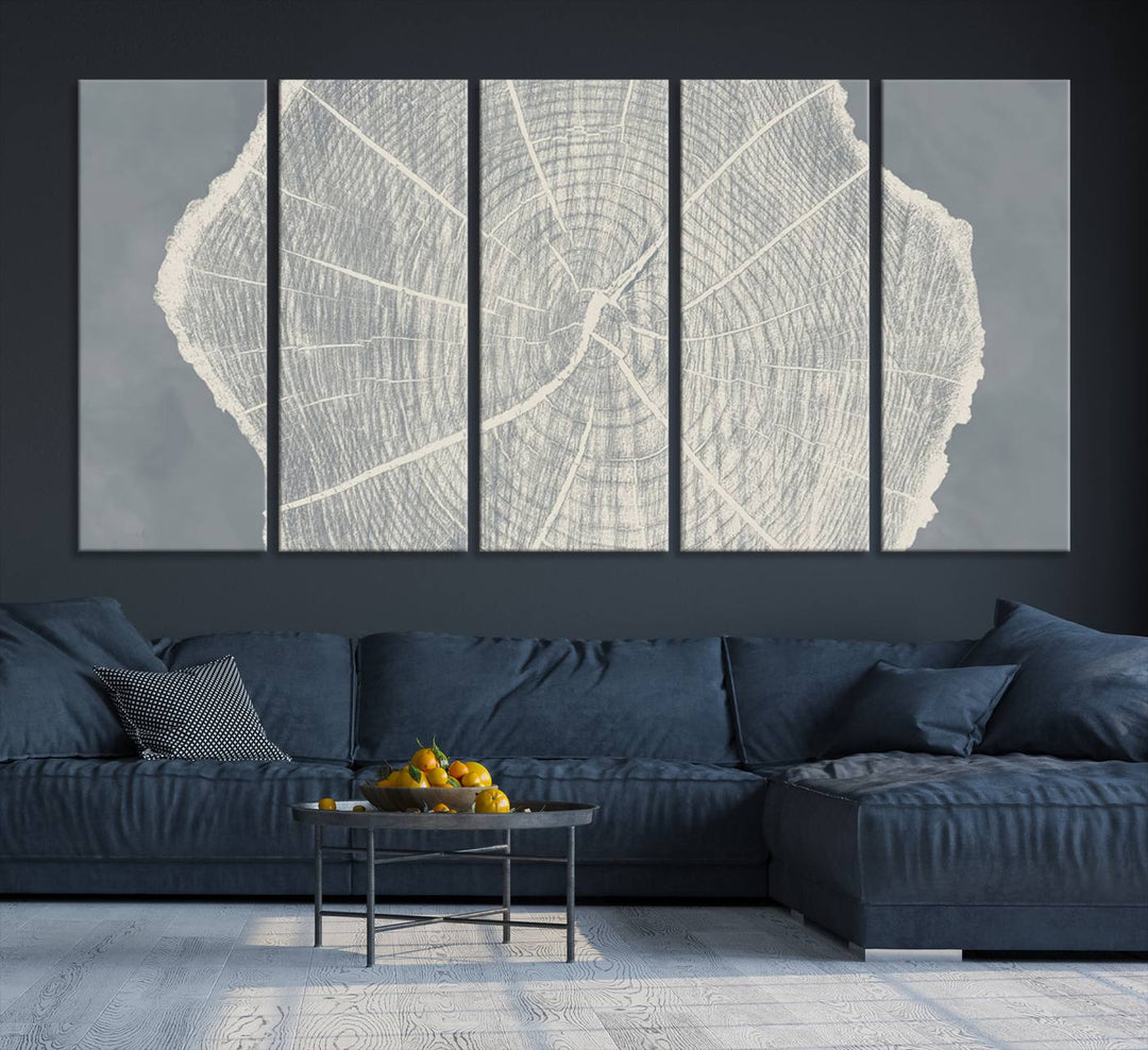 A gray wall displays the Abstract Tree Ring Wall Art print.