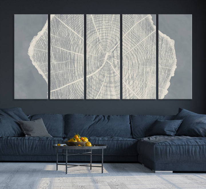 A gray wall displays the Abstract Tree Ring Wall Art print.