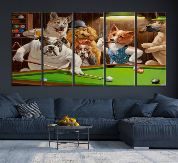 Dogs Playing Pool Canvas Wall Art: This artwork depicts a room where dogs are engaged in a game of pool. One dog is poised to cue while others observe the scene.