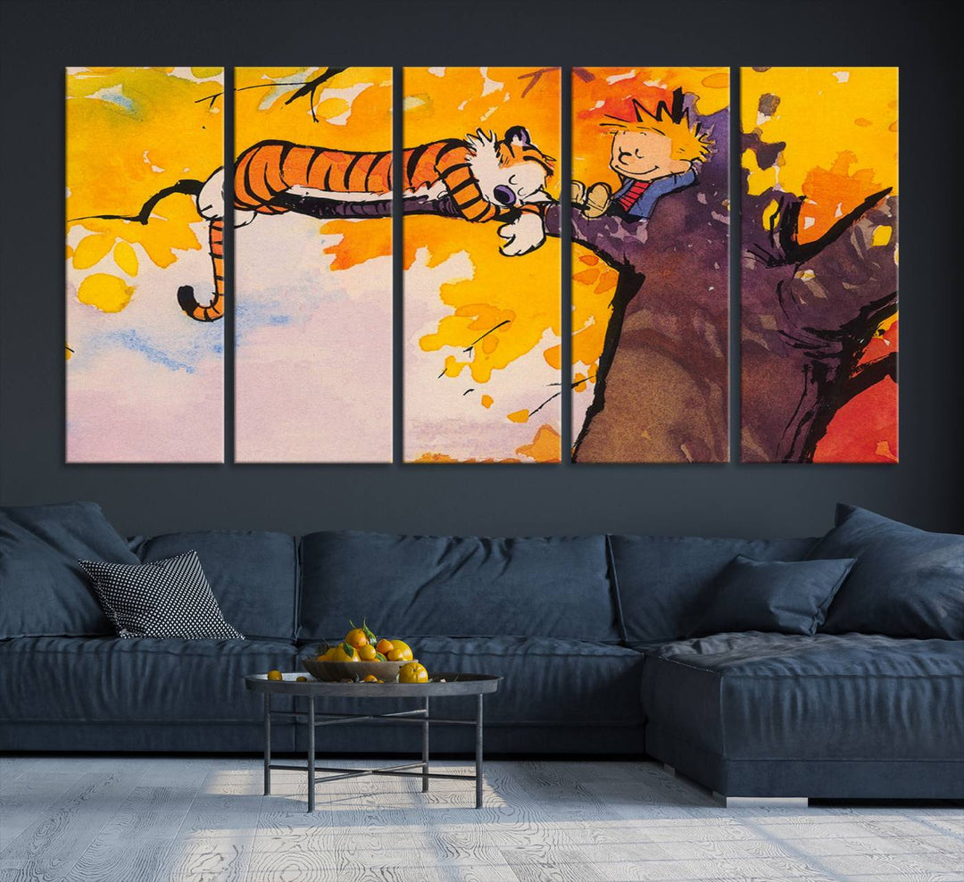 Premium canvas Calvin Wall Arts featuring a boy and tiger relaxing on a branch.