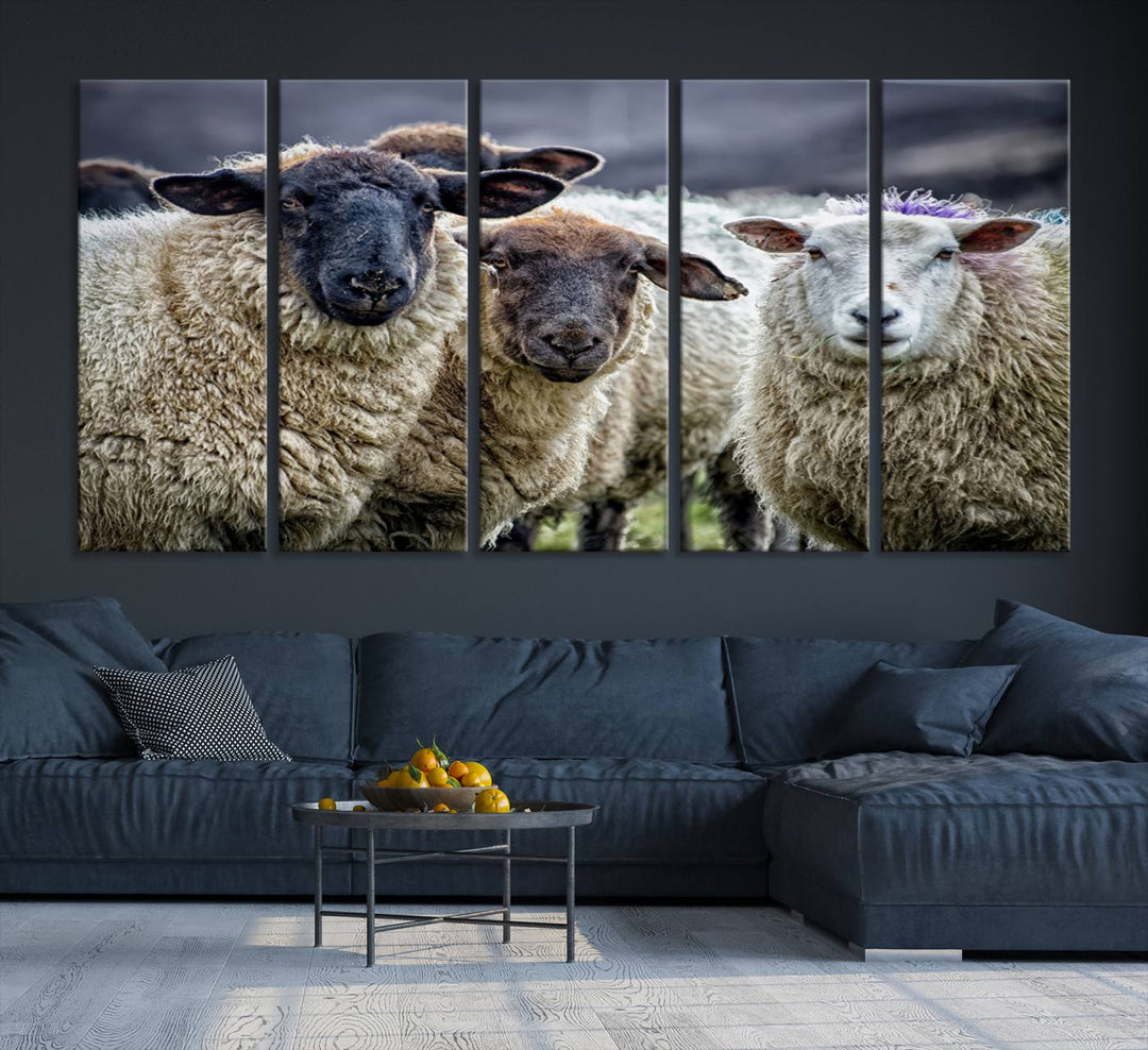 The Charming Sheep Portrait Wall Art hangs on a wooden wall.