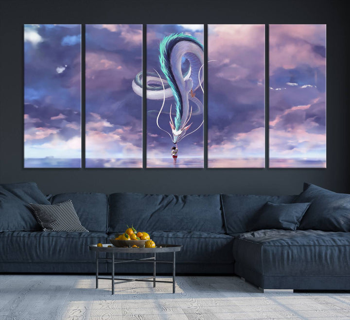 The Spirited Away Haku and Chihiro poster captures a cherished scene for anime lovers under a colorful, cloudy sky.