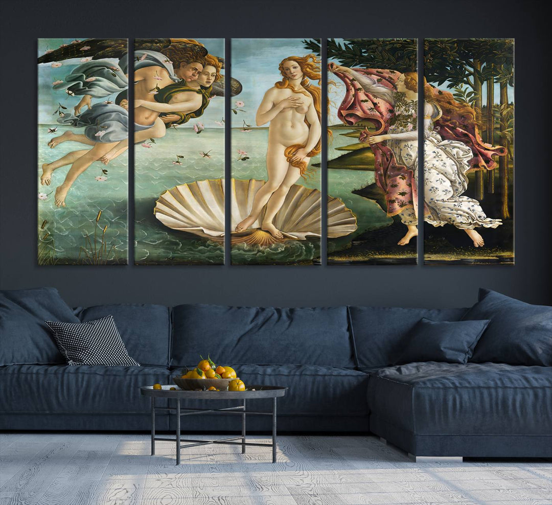 A canvas print of Botticellis The Birth of Venus is displayed on the wall.