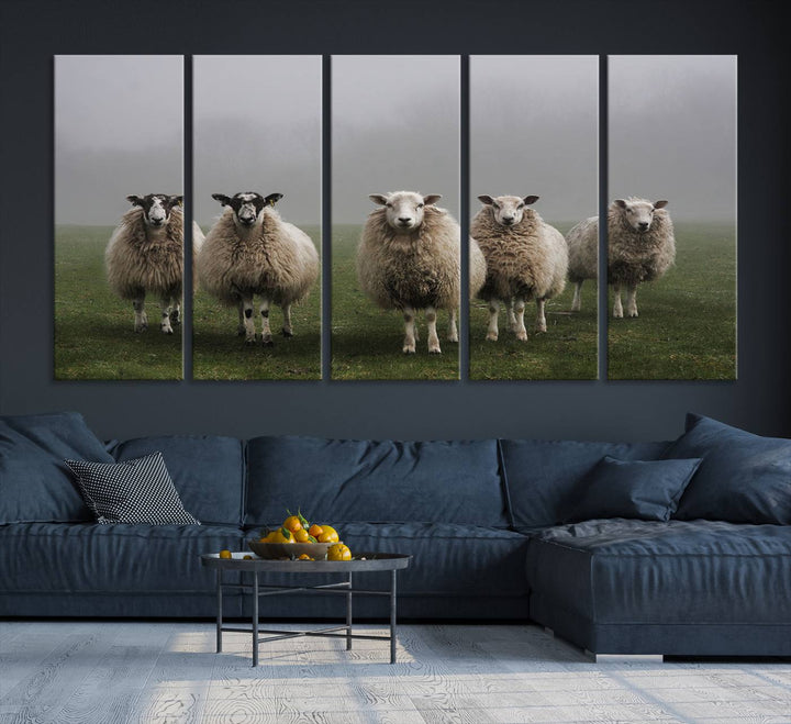 The Flock of Sheep in a Mystical Fog canvas print is framed and ready to hang.