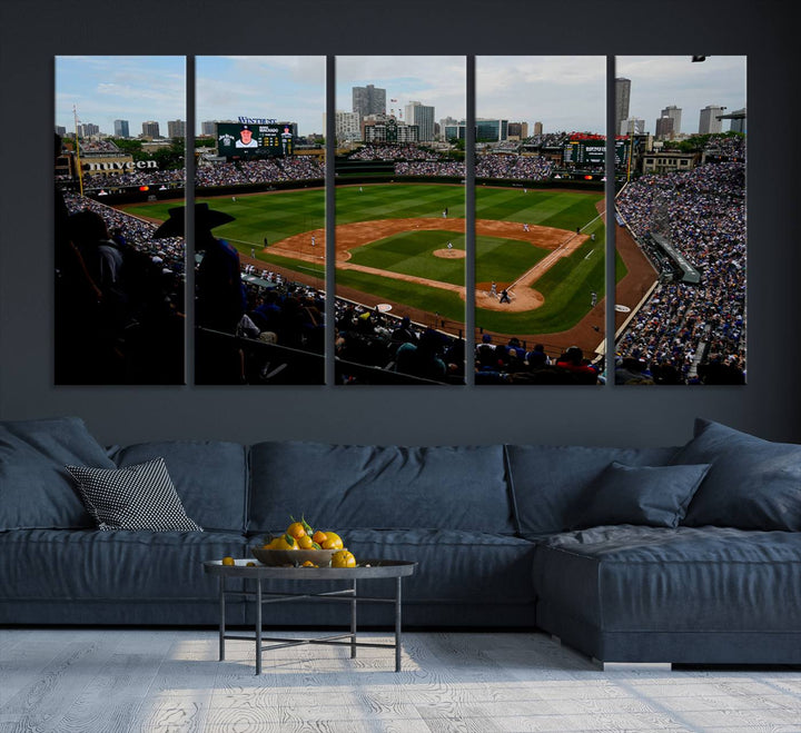 Admire this museum-quality canvas print of a Chicago Cubs game with a cityscape view from the stands at Wrigley Field.