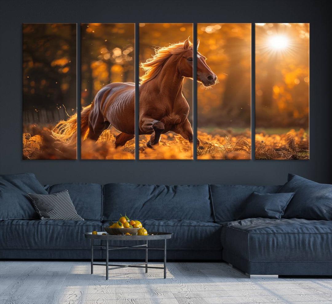 The Running Horse Sunset Forest Wall Art Canvas Print showcases a gallop in an autumn forest with sunlight streaming through the trees.