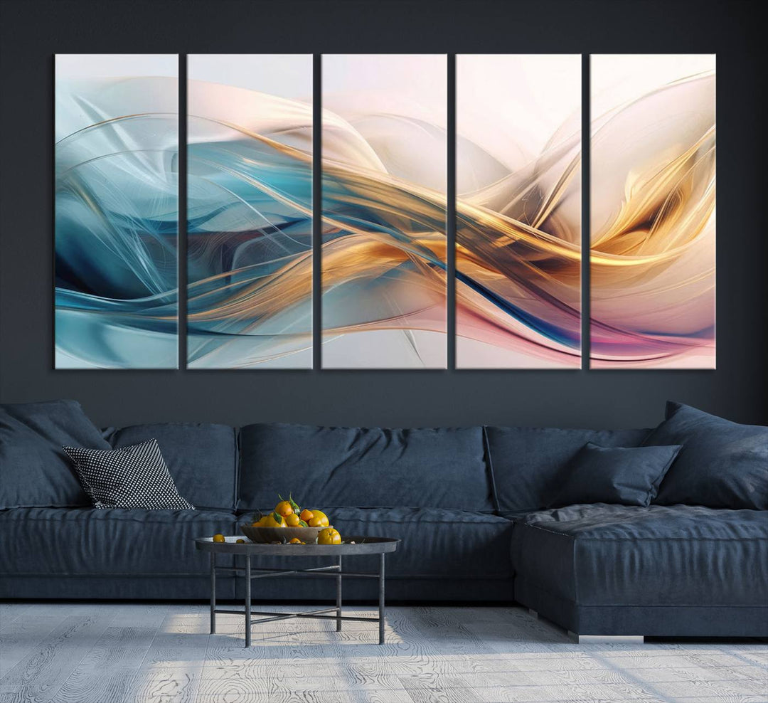 Abstract Flowing Colors Wall Art featuring blue, gold, and pink adds modern elegance to the space.