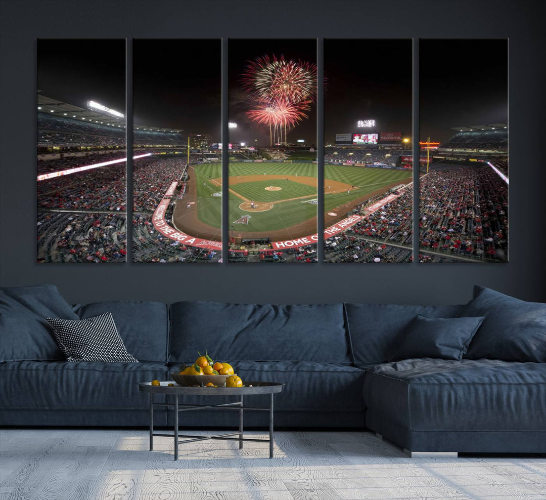 Fireworks at Angel Stadium – LA Angels Night Game Canvas Print, framed and ready to hang.