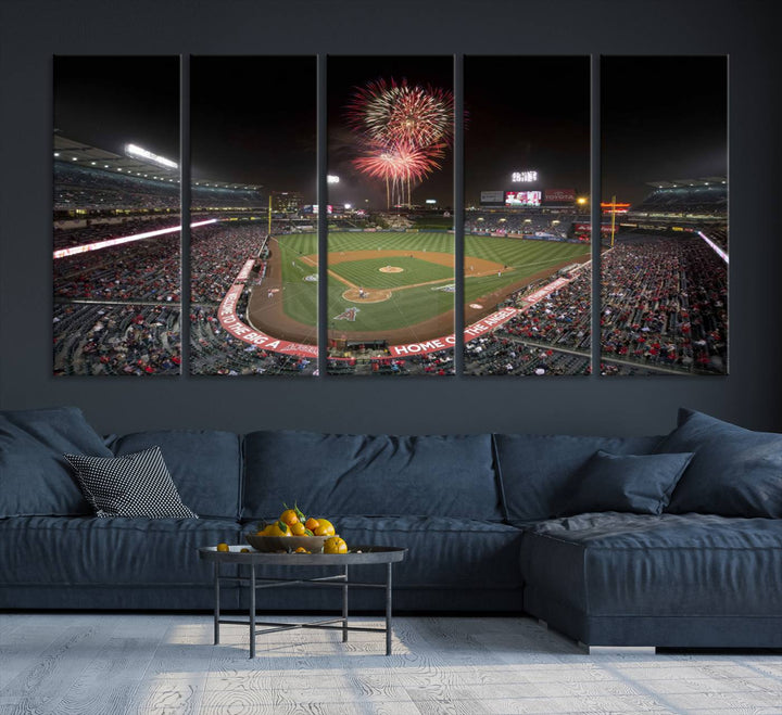 Fireworks at Angel Stadium – LA Angels Night Game Canvas Print, framed and ready to hang.