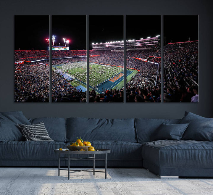 The Gators Night Game Canvas Art captures a lively night at Ben Hill Griffin Stadium with vibrant fireworks and the energy of a live band.