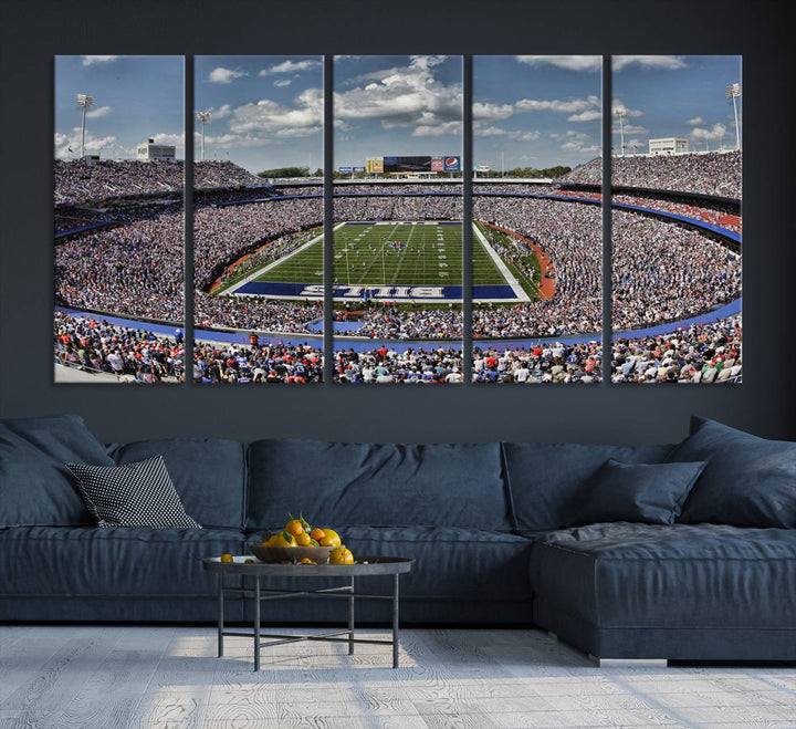 Our Buffalo Bills Game Day Canvas captures a vibrant scene at Highmark Stadium, with a lively crowd under a partly cloudy sky.