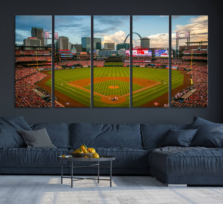 A Busch Stadium canvas print featuring a cityscape, ideal for enhancing living room or man cave sports decor.