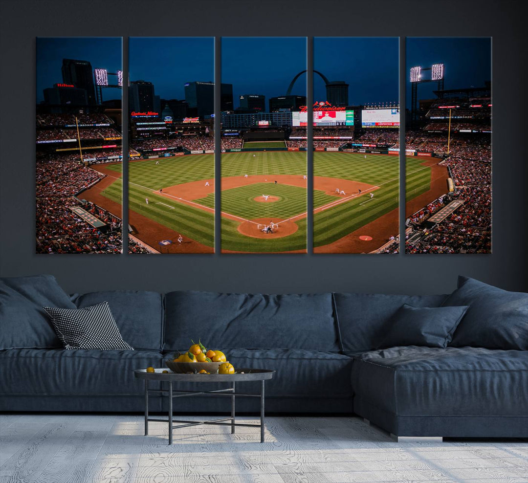 A St. Louis Cardinals Baseball Team print of Busch Stadium at night adorns the wall.