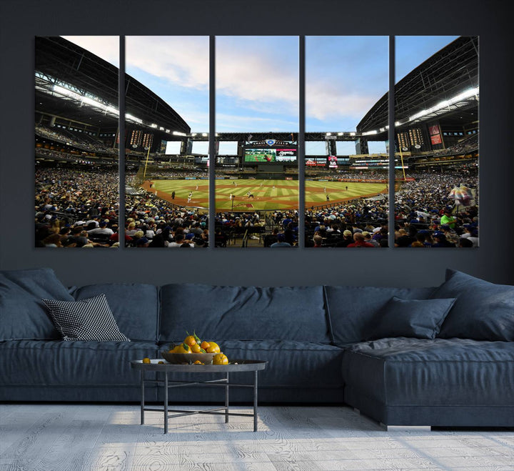 The wall art is an Arizona Diamondbacks Baseball Print depicting a packed Chase Field Stadium under a clear blue sky.