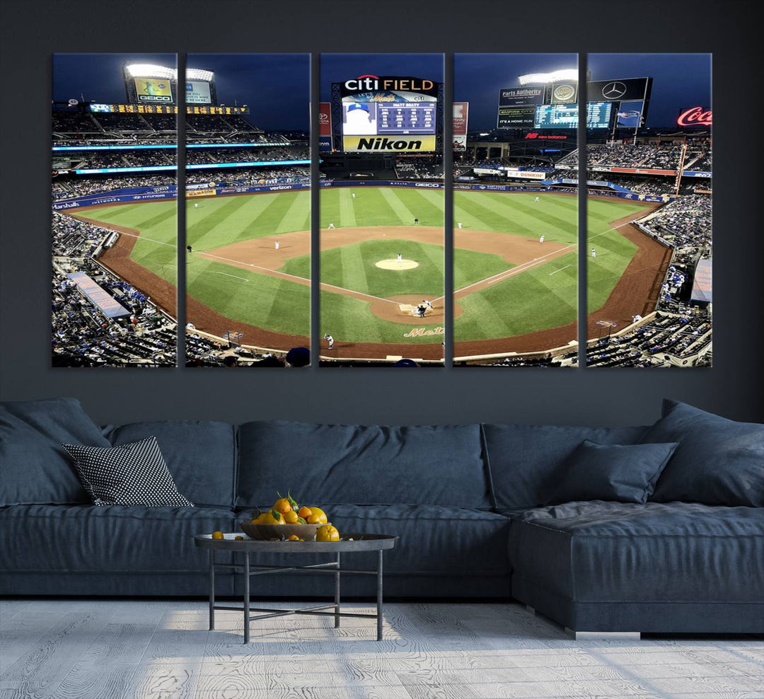 The wall is adorned with a 3-panel Citi Field Wall Art Print, framed for sports-themed decor.