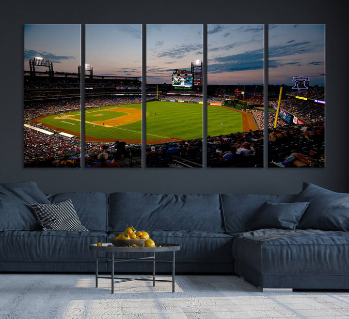 A wall art piece depicting the Philadelphia Phillies Citizens Bank Park Stadium at dusk.