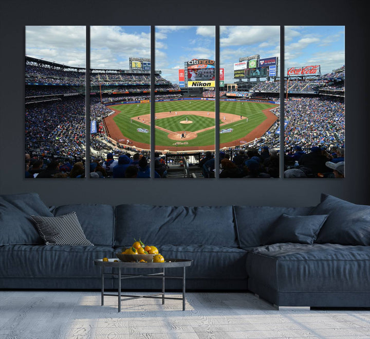 A wall art piece featuring a New York Mets Baseball Team print of Citi Field during a thrilling game under a blue sky.