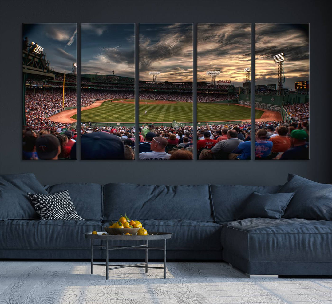 Boston Red Sox canvas print of Fenway Park at sunset, ideal for sports fans.