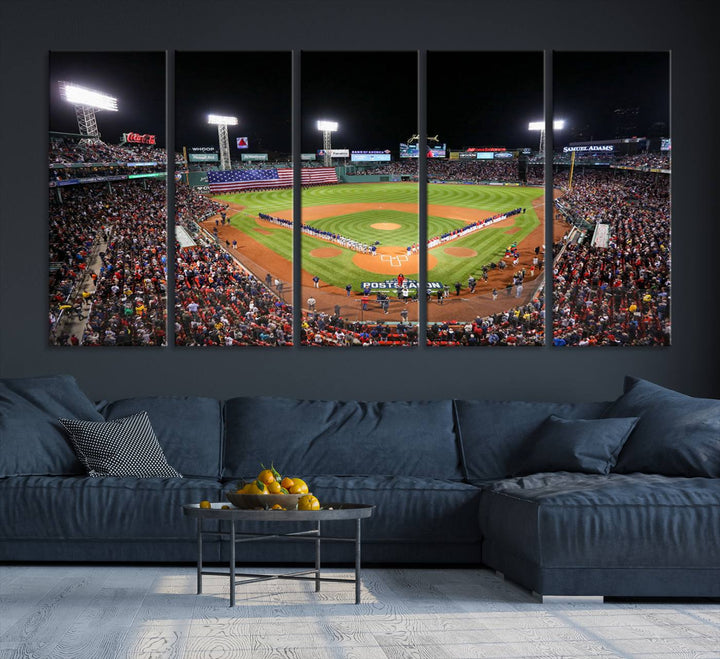 The Fenway Park Wall Art Canvas Print showcases a stunning aerial view of Bostons iconic ballpark at night, making it an ideal piece for any Red Sox enthusiast.